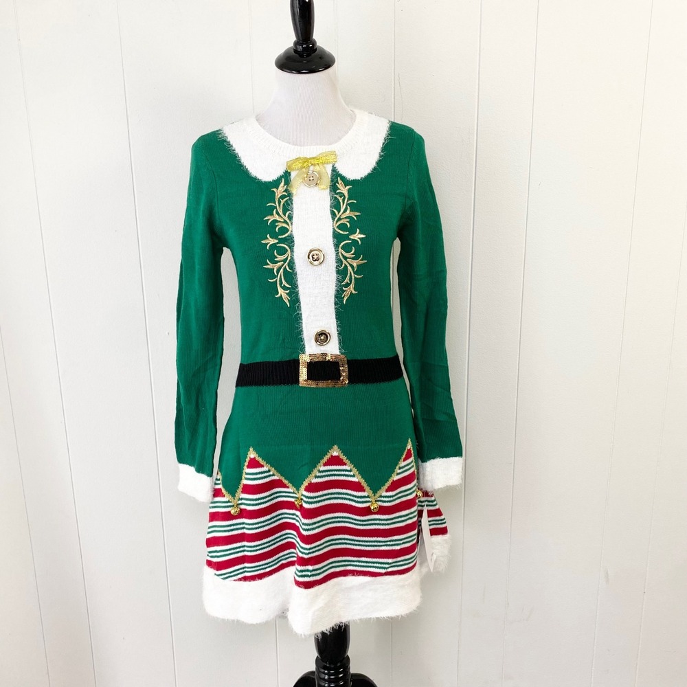 Born Famous Womens Elf Christmas Sweater Dress Green Holiday Sequin Medium NWT